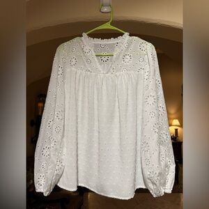 White Eyelet Embroidered Long Sleeve Peasant Blouse